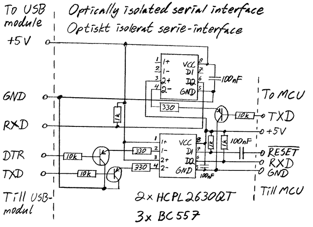 Schema för isolerat USB-till serie-interface